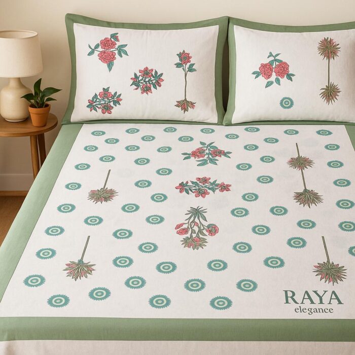 RAYA Elegance Cotton Bedsheet Set – Teal Bloom Edition - Image 1